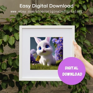 Cute Bunny- AI Art- Wall Art - Wall Decor - House Decor - Perfect Gift - AI- Digital Art- Download -Adorable Fluffy Bunny in a Flower Garden