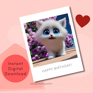 Cartolina digitale istantanea di buon compleanno. Download stampabile immediato. Gattino carino con cuori. Regalo di compleanno. 1 file PDF e 1 PNG.