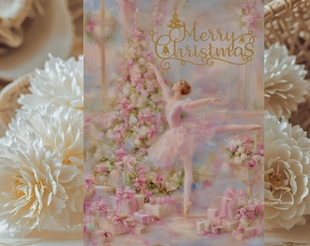 May include: A rectangular Christmas card featuring a ballerina in a pink tutu dancing near a decorated tree with pink ornaments and gifts. The text Merry Christmas is written in gold glitter script at the top, with a small gold tree icon above it.