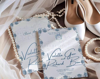 May include: Wedding invitation suite featuring two cards with blue floral accents and elegant script. The cards read "Violetta and Richard Ben" and "Save the Date". White heels and pearls complete the wedding theme.