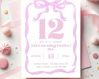 May include: A pink and white birthday invitation with a watercolor bow and ribbon design. The number 12 is prominently displayed, along with the text "Liz's turning twelve!" and event details. Decorative elements include cupcakes and candies.