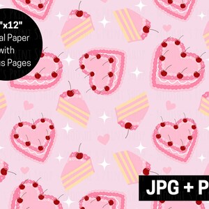 Papier numérique pour gâteau en forme de coeur de cerise, modèle sans couture de tranches de gâteau givré rose, mignon Cottagecore Dessert sublimation fichiers PNG JPEG
