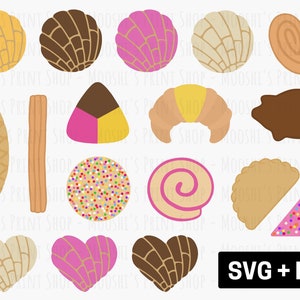 May include: A set of 15 colourful digital clipart images of various Mexican pastries, including conchas, pan dulce, churros, and more. The images are in SVG and PNG format.