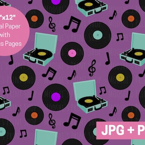 Platenspeler Digitale Papierbundel, Vinyl Retro Draaitafel Muzieknotities Naadloos Patroon, Sublimatie Grafische Bestanden, Instant Download PNG JPG