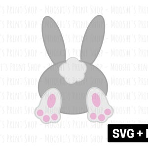 May include: A gray bunny rabbit with pink feet and a white tail, viewed from the back. The bunny is sitting on a white background. The text "SVG + PNG" is at the bottom of the image.