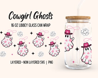Disco Cowgirl Ghost Libbey Glass Wrap, Cute Cowprint Hat Lasso Halloween Spooky Season Graphics, 16oz Beer Glass Seamless Design, SVG PNG