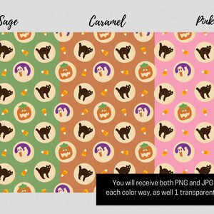 Op de afbeelding: Een digitaal papierpatroon met een herhalend ontwerp van Halloween-koekjes. De koekjes zijn versierd met geesten, pompoenen en zwarte katten. Het patroon is verkrijgbaar in drie kleurstellingen: saliegroen, karamelbruin en roze.