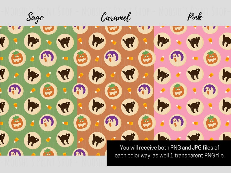Op de afbeelding: Een digitaal papierpatroon met een herhalend ontwerp van Halloween-koekjes. De koekjes zijn versierd met geesten, pompoenen en zwarte katten. Het patroon is verkrijgbaar in drie kleurstellingen: saliegroen, karamelbruin en roze.