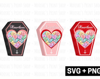 Lindo gráfico anti-San Valentín, imagen de ataúd gótico espeluznante SVG, corazones de caramelo de rechazo sin corazón, diseño de imágenes prediseñadas emo SVG PNG