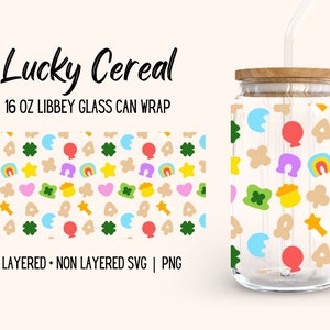 Lucky Charms Libbey Glass Wrap, lindos gráficos de alimentos de cereales de malvavisco, diseño sin costuras de vaso de cerveza de 16 oz, descarga digital SVG PNG