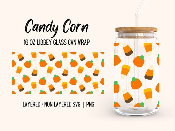 Candy Corn Libbey Glass Wrap, Cute Fall Pumpkin Halloween Candy Graphics, Spooky Season 16oz Beer Glass Seamless Design, Download SVG PNG