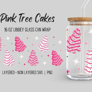 Pink Christmas Tree Cake Libbey Glass Wrap, Cute Pastel Holiday Snack Dessert Treat Graphic, Trendy 16oz Beer Glass Seamless Design, SVG PNG