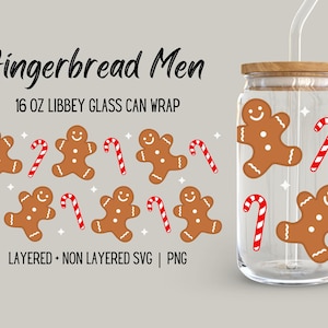 Gingerbread Men Libbey Glass Wrap, Cute Holiday Xmas Cookie Christmas Candy Cane Graphics, Trendy 16oz Beer Glass Seamless Design, SVG PNG