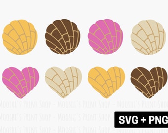 Paquete de imágenes prediseñadas de Concha, gráficos de pan dulce mexicano en forma de corazón blanco marrón rosa, lindo archivo de corte de sublimación, descargar SVG PNG