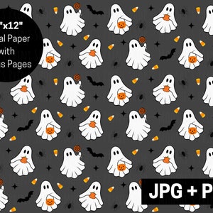 May include: A digital paper pattern featuring a repeating design of white ghosts holding candy corn and jack-o'-lanterns on a dark gray background. The pattern also includes bats, spiders, and stars. The text "12"x12" Digital Paper with Bonus Pages" is in a black circle at the top left corner of the image. The text "JPG + PNG" is in the bottom right corner of the image.
