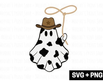 May include: A cartoon ghost wearing a brown cowboy hat with a star, and a black and white cow-print body. The ghost is holding a rope lasso. The image includes the text "SVG + PNG".