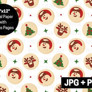 May include: A digital paper pattern featuring a repeating design of Christmas cookies. The cookies are decorated with images of a snowman, a reindeer, and a Christmas tree. The background is white with green four-pointed stars.