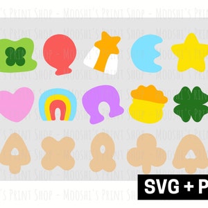 May include: A set of 12 colorful, whimsical SVG and PNG files featuring various shapes and designs, including a rainbow, a heart, a horseshoe, a clover, a star, a crescent moon, and a balloon.