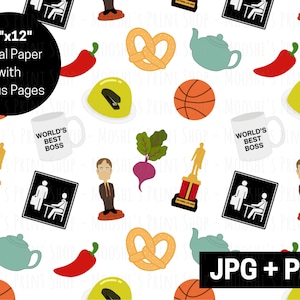 Le bureau a inspiré le papier numérique, Funny Best Boss Mug Bobblehead Teapot Dundie Award Jello Repeating Pattern, Seamless File JPEG PNG