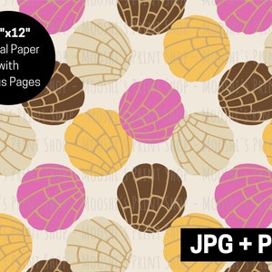 May include: A seamless digital paper pattern featuring a repeating design of colorful concha bread. The pattern includes brown, white, yellow, and pink conchas. The text "12"x12" Digital Paper with Bonus Pages" is included in the image. The image is labeled "JPG + PNG".