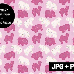 May include: Pink digital paper with a repeating pattern of white and pink animal crackers. The text "12"x"12" Digital Paper + Bonus Pages" is in a black circle at the top left corner of the image. The text "JPG + PNG" is in a black rectangle at the bottom right corner of the image.