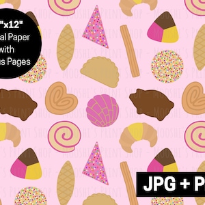 May include: A digital paper pattern featuring a variety of Mexican pastries and sweets, including conchas, pan dulce, churros, and more. The pattern is on a pink background and is ideal for crafting and scrapbooking.