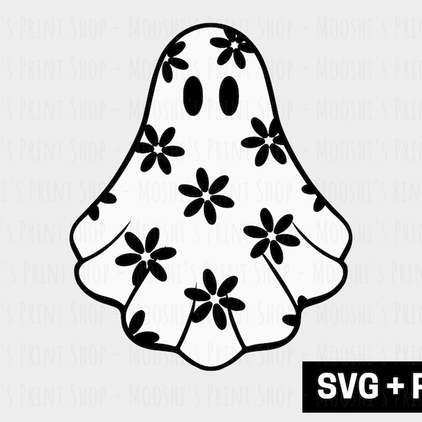 Black Daisy Ghost Clipart, Cute Flower Halloween Bedsheet Floral Ghosty Graphic, Spooky Season Sublimation Image Cut File, Download SVG PNG