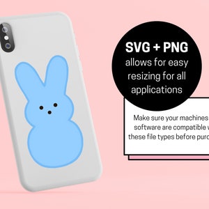 K&ouml;nnte beinhalten: Eine blaue, hasenf&ouml;rmige Marshmallow-Peep-Handyh&uuml;lle. SVG + PNG erm&ouml;glicht einfaches Resizing f&uuml;r alle Anwendungen. Stellen Sie sicher, dass Ihre Maschinen und Software mit diesen Dateitypen kompatibel sind, bevor Sie kaufen.