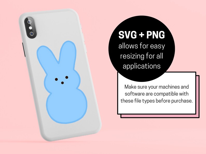 K&ouml;nnte beinhalten: Eine blaue, hasenf&ouml;rmige Marshmallow-Peep-Handyh&uuml;lle. SVG + PNG erm&ouml;glicht einfaches Resizing f&uuml;r alle Anwendungen. Stellen Sie sicher, dass Ihre Maschinen und Software mit diesen Dateitypen kompatibel sind, bevor Sie kaufen.