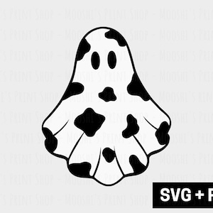 Puede incluir: Un fantasma blanco y negro con un patrón de vaca. El fantasma tiene dos ojos y una boca.