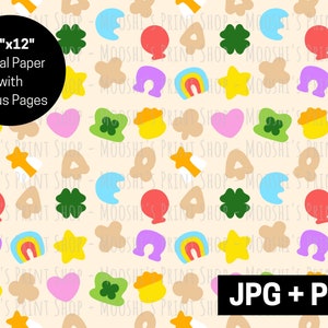 Patrón sin costuras Lucky Charms, papel digital de cereales de malvaviscos, imágenes prediseñadas del día de San Patricio, diseño de desayuno Descarga digital PNG JPEG