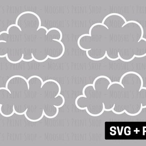 Cloud Outline Bundle Clipart, Fluffy White Classic Simple Cutout Cloud, Storm Weather Sublimation Cut File Graphics, Downloud SVG PNG