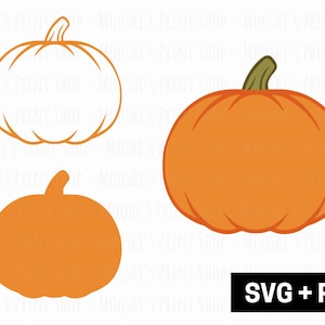 May include: Two outline images of a pumpkin, one white and one orange, and a solid orange pumpkin with a green stem. The text "SVG + PNG" is at the bottom of the image.