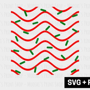 May include: A digital design featuring a repeating pattern of red wavy lines and green sprinkles on a white background. The text "SVG + PNG" is at the bottom of the design.