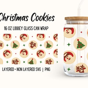 Christmas Sugar Cookies Libbey Glass Wrap, Small Cute Holiday Snowman Reindeer Tree Graphic, Trendy 16oz Beer Glass Seamless Design, SVG PNG