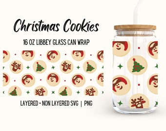 Christmas Sugar Cookies Libbey Glass Wrap, Small Cute Holiday Snowman Reindeer Tree Graphic, Trendy 16oz Beer Glass Seamless Design, SVG PNG