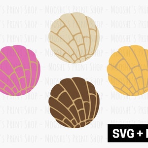 May include: Four different colored concha shells, a traditional Mexican sweet bread. The shells are beige, pink, brown, and yellow.