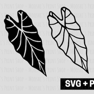 May include: Two black and white outline illustrations of a large leaf. The leaf is shaped like a heart with a pointed tip. The leaf has a series of veins running from the center to the edges. The text "SVG + PNG" is at the bottom of the image.