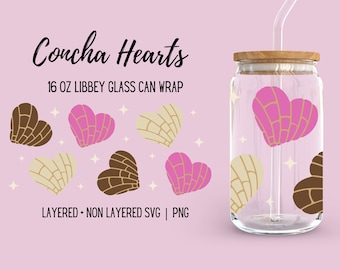 Envoltório de vidro Conchas Libbey em formato de coração, lindos gráficos de pão doce Pan Dulce, copo de cerveja moderno de 16 onças do dia dos namorados, design sem emenda, PNG, SVG, PNG