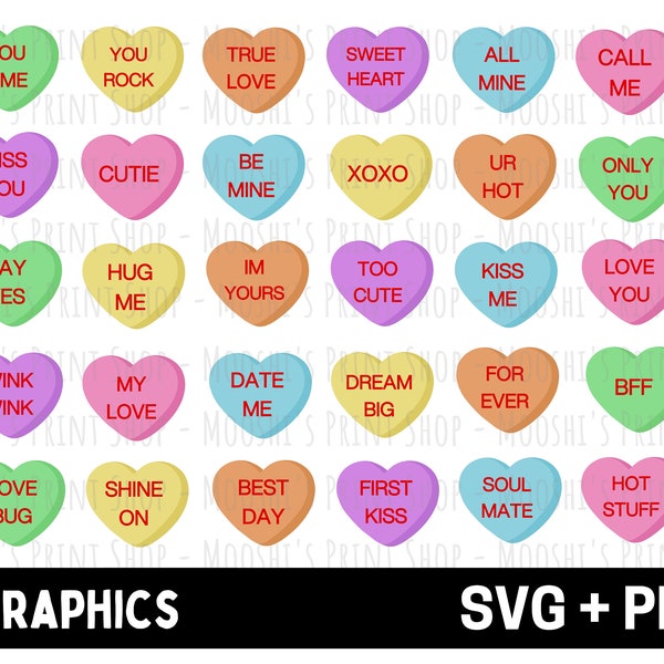 Valentine's Day Conversation Hearts Clipart Bundle, Sweet Message Candy Heart Graphics, Cute Sublimation Image Cut File, Download SVG PNG