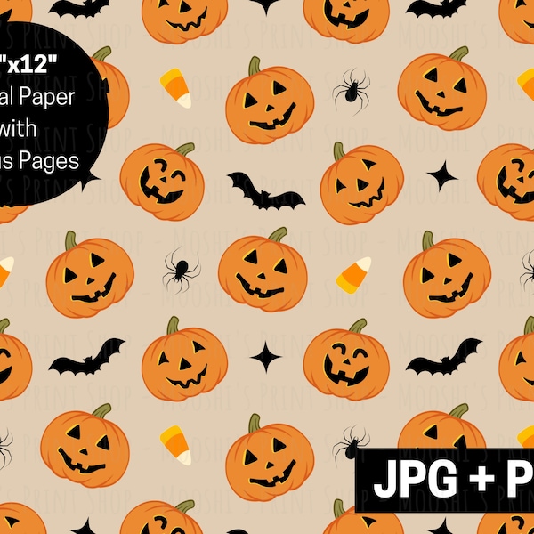 Jack O Lantern Digital Paper, Halloween Candy Corn Pumpkin Bat Spider Seamless File, Cute Trick or Treat Sublimation Image, Download JPG PNG