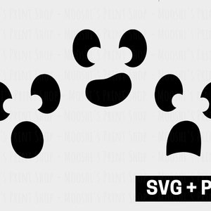 May include: A black and white digital design of three ghost faces with different expressions. The design includes two eyes, a mouth, and a nose for each ghost. The design is perfect for creating Halloween decorations, crafts, or apparel.
