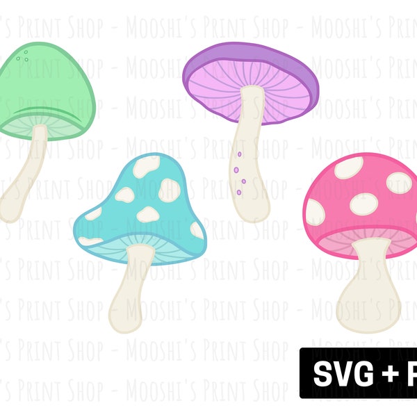 Pastel Mushroom Clipart Bundle, Colorful Toadstool Fungus Mushroom Plant Graphics, Cute Cottagecore Sublimation Cut Files, Download SVG PNG