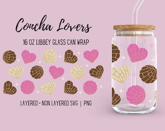 Envoltório de vidro Concha Hearts Libbey, lindos gráficos de pão doce mexicano Pan Dulce rosa, copo de cerveja moderno de 16 onças do dia dos namorados, design sem emenda, PNG, SVG, PNG