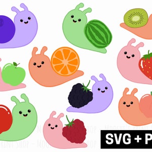 Fruchtige Schnecken Clipart Bundle, süße Orange Beere Kiwi Sommer Bugs, Sublimationsdruck Grafiken geschnitten Dateien, digitaler Download PNG SVG