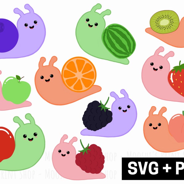 Fruity Snails Clipart Bundle, Cute Orange Berry Kiwi Fruit Summer Bugs, Sublimation Printing Graphics Cut Files, Digital Download PNG SVG