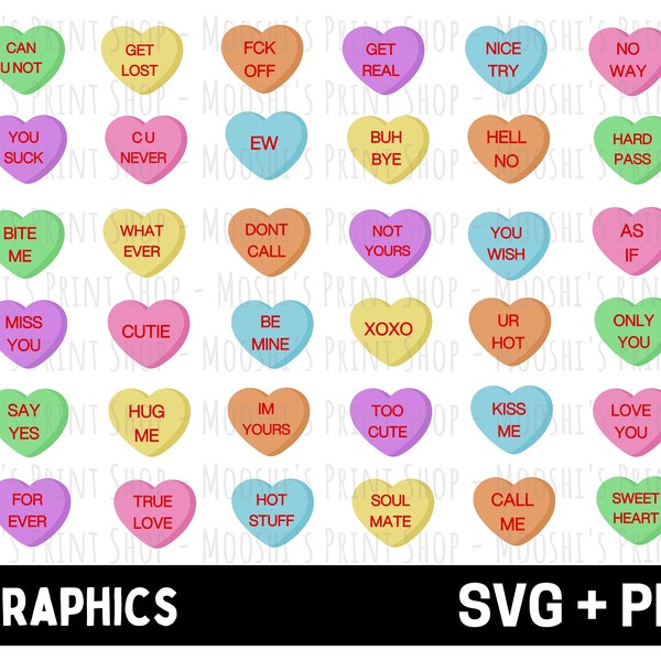 Conversation Hearts Clipart Bundle, Funny Valentine's Day Rejection Candy Heart Graphics, Cute Sublimation Image Cut File, Download SVG PNG