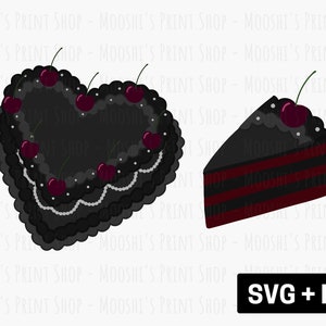 Clipart de bolo em forma de coração preto cereja, fatia de bolo de frutas gótica anti-dia dos namorados, gráficos de arquivo cortado por sublimação, download digital SVG PNG