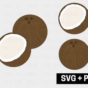 May include: Three brown coconuts, one whole and two halves, with white interiors. The coconuts are isolated on a light gray background.