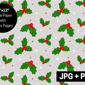 Papier numérique houx baies, vacances Noël gui Noël houx décor sans soudure fichiers, mignon Simple tendance téléchargement par sublimation JPG PNG